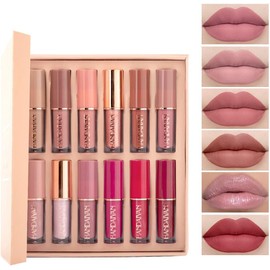 BAISEN DIARY Set De 12 Labiales Líquidos Mate Y Brillantes – Kit De Regalo Estilo Libro Para Mujeres Y Niñas – Brillo De Labios De Larga Duración E Impermeable Con Tonos Nude, Rosa Y Rojo, No Pegajoso