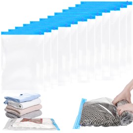 SENLINLIN Seal Travel Space Saver Bags, 12Pack Reusable Vacuum Travel Storage Bag for Clothes, Saves 75% of Storage Space, Roll-Up Compression, No Need For Vacuum Machine Or Pump, 4 different Size