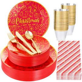 Morejoy 175pcs Christmas Plastic Plates & Red and Gold Disposable Plates Plates Includes 25 Dinner Plates 25 Dessert Plates 25 Knives 25 Forks 25 Spoons 25 Napkins for Merry Christmas Party