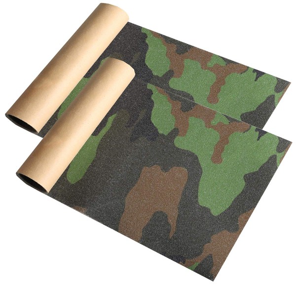 9" x 33" Camo Skateboard Grip Tape Sheets 2 Pack, ZUEXT Bubble Free Waterproof Green Camouflage Scooter Grip Tape, Longboard Griptape, Sandpaper for Rollerboard Stairs Pedal Wheelchair Steps(84x23cm)