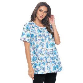 Casual Nights Women's Snap Front Smock Cobbler Woven Scrub Apron Top with Pockets - Blue Butterfly - X-Large