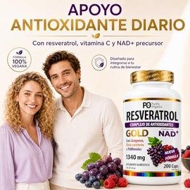 Resveratrol + NAD, Gold 200 Cápsulas | Transresveratrol + Polifenoles, Betacaroteno, Licopeno. Vitamina C y NAD+ | Complejo de Antioxidantes | 100% Vegano | Purely Organics.