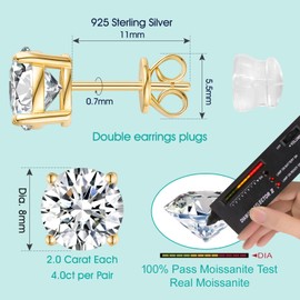 Moissanite Stud Earrings for Women Men, 0.6-6CT S925 D color Lab Created Moissanite Earring, Wedding Party Jewelry for Her Wife Girlfriend (3ct each/6ct pair, Gold Plated)