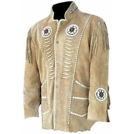 Quality Supply Mens Traditional Western 100% Genuine Suede Leather Jacket | Native American Cowboy Fashion coat with Bones Beads & Fringes (as1, alpha, x_s, regular, regular, Dark Brown)
