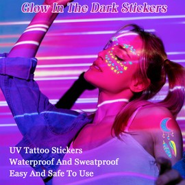 24 Sheets Neon Temporary Tattoos, Fluorescent Tattoo Glow in The Dark Stickers, 180 Individual Patterns UV Neon Party Accessories for Women, B