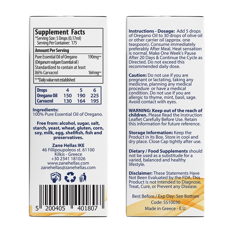 Zane Hellas 100% Greek Oregano Essential Oil Minimum 86% Carvacrol
