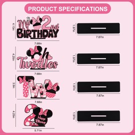 TONIFUL Pink Mouse 2nd Birthday Party Supplies 2nd Table Centerpieces Pink Mouse Theme Design Sturdy Wooden for Girl TWO Years Old Birthday Favors 2nd Birthday Party Decorations(4 Pcs)