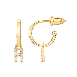 PAVOI 14K Yellow Gold Plated 925 Sterling Silver Post Huggie Earrings with Initial Dangle - CZ Initial Huggie Hoop Earrings - Women's Cubic Zirconia "H" Huggies
