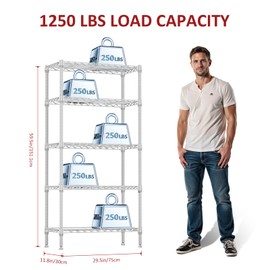 IZEUK 5 Tier White Metal Storage Shelves, Heavy Duty Wire Shelving Rack for Garage, Kitchen, Bathroom, Laundry, or Closet Organization, 1250 lbs Capacity, 11.8" D x 29.5" W x 59.5" H