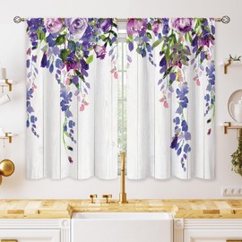 oolygoo Purple Wisteria Floral Small Kitchen Curtains Lilac Window Treatment Rustic Flower Blossom Wooden Country Cafe Short Window Curtains for Bathroom Dining Room Tier Drapes 27.5x39 inch