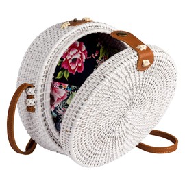 Natural NEO White Round Rattan Bag Shoulder Leather Straps | Wicker Hand Woven Beach Bags for Women | Straw Bag Boho Circle Crossbody Shoulder Purse In Summer Vacation With Flower Pattern