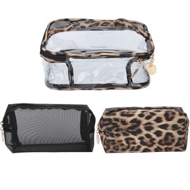3pcs Makeup Bag Set Leopard Print Large Capacity Portable Waterproof Cosmetic Bag
