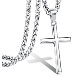 LOLIAS 925 Sterling Silver Cross Necklace for Men Women 3mm Stainless Steel Wheat Cross Chain Crucifix Pendant Silver Cross Chain Necklace Jewelry 16-30 Inches