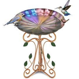 Gouisalin 13" Diameter Vintage Metal Bird Bath, Birdbaths with Cast Iron Pedestal, Large Antique Bird Feeder for Outdoors Garden Patio Decor (Colorful Gradient)