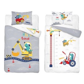 Reversible Bedding Set Crain Truck Building Site Digger Diggers Construction grey Blue Bedding for Baby Boy Cot Bed Duvet Cover & Pillow Case … (90x120cm)