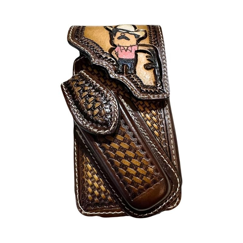 Leather Phone Belt Holster and Knife Holder Hand Tooled Handmade