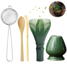 Rppiup 5 Pcs Matcha Tea Set, Resin Matcha Whisk Set with Ceramic Whisk Holder, Scoop, Filter and Tea Spoon, Food Grade Matcha Ceremony Accessory 5 Set, Reusable Powder Whisk Gift Set(Green)