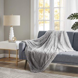CosmoLiving by Cosmopolitan Cleo Throw Blanket-Faux Fur Shaggy to Mink Reverse Deluxe Ombre Fuzzy Design Spread, Ultra Soft, Cozy Living Room Couch, Sofa, Bed, 50" x 60", Grey