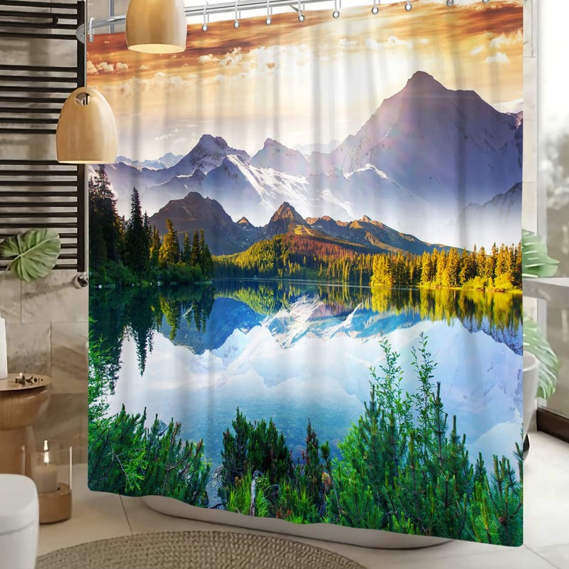 Mountain Shower Curtain Forest Shower Curtains Lake Sunny Day Nature