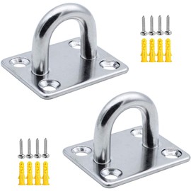 MZMing Pack of 2 M8 Stainless Steel 304 Eye Plate Ceiling Hook Wall Hook Eyelet Holder 4-Hole Eyelet Plate Hook with Screws and Rubber Plugs for Boat Rigging Yoga Training Strap Swing Hammock Punch