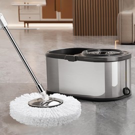 SWIFTIRON Spin Mop and Bucket with Wringer Set for Home,360° Mop and Bucket with Separate Clean and Dirty Water,Wet Dust Mop for Floor Cleaning with Extra Refills (Silver with 6 Pads)