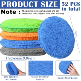 FillTouch 52 Pcs Microfiber Wax Applicator Pad 5" Diameter Soft Wax Pads for Car with Finger Pocket Cleaning Microfiber Polishing Care Foam Sponge for Cars, Truck, Boat, Motorcycle, RV, 4 Colors