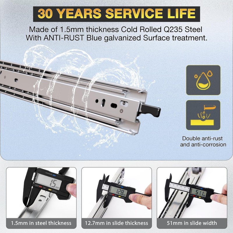 YENUO Heavy Duty Drawer Slides Full Extension With Lock Side