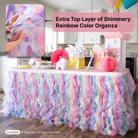 Bluekate Rainbow Party Tutu Table Skirt. 14ft Table Skirt with Double Layer Organza Willows for Unicorn Party Supplies, Rainbow Decorations, 1st Birthday Décor, Baby Shower Décor or Mermaid Backdrop…