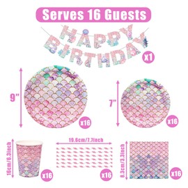 Bymivofun Mermaid Tableware Set, for 16 Guests, Mermaid Paper Birthday Party Accessories, for Children, Children's Birthday Theme Party, Baby Shower