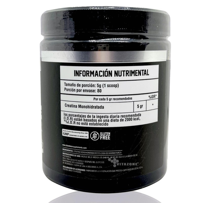 CREATINA MONOHIDRATA BLACKBEAR SIN SABOR 400 GR, 80 SERVICIOS