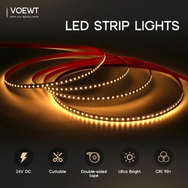 VOEWT LED Strip Lights Daylight White 6000K,16.4ft 24V High CRI 90Ra+ Super Bright,600 LEDs Flexible Tape Lights for Bedroom,Mirror,Kitchen Cabinet, Living Room(Power Supply Not Included)