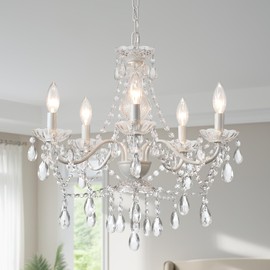 Crystal White Chandelier, Ceramic White Hanging Pendant Light,Crystals Pendant and Glass Dish,5 Light Crystal Chandeliers for Ceiling Medallions,Wedding,Dining,Kitchen, Foyer,Mini