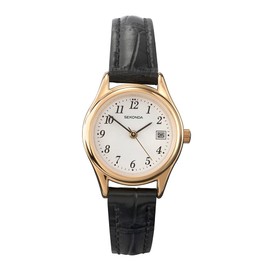 Sekonda Womens 27mm Robinson Analogue 3 Hand Classic Quartz Watch Gold Case with White Dial Date Window and Black Leather Strap 30m Water Resistant