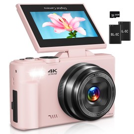 Digital Camera for Photography, 4K Vlogging Camera for YouTube 3" 180° Flip Screen 18X Digital Zoom Compact Cameras with 32GB TF Card & 2 Batteries, Pink