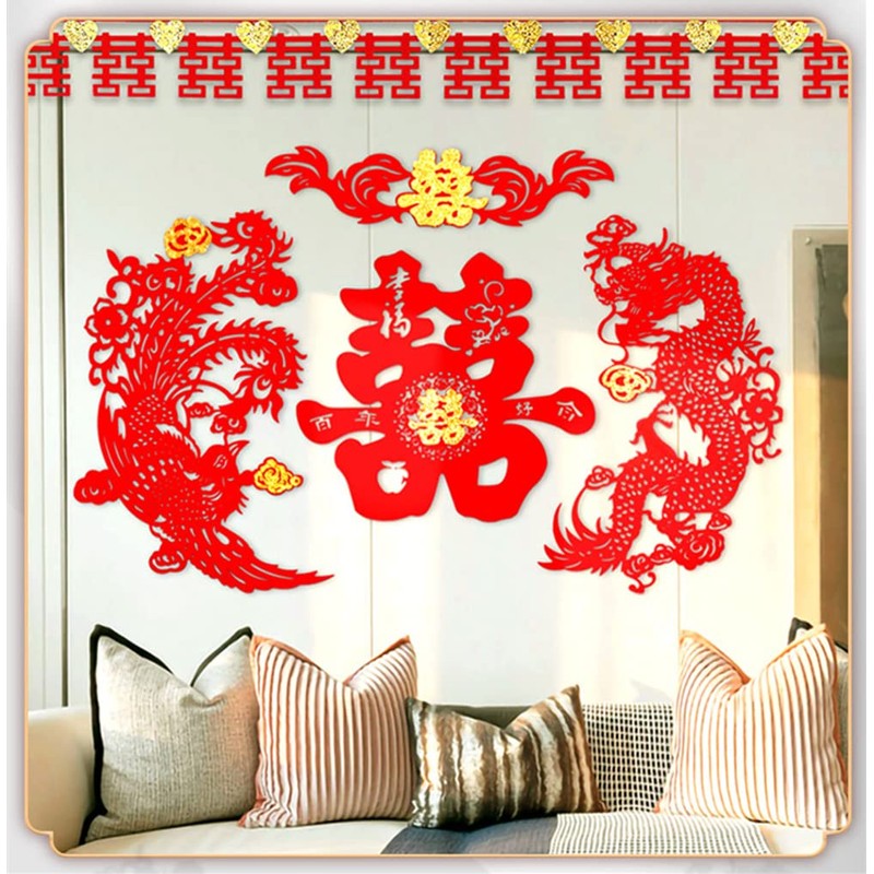 Semli Traditional Chinese Wedding Party Decoration Dragon Phoenix Door Stickers