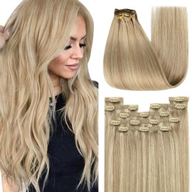 YoungSee Clip in Hair Extensions Real Human Hair Blonde Highlight Human Hair Extensions Clip in Ash Blonde Highlights Golden Blonde Real Hair Clip in Hair Extensions Double Weft Lace 18 inch 7pcs 120g
