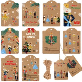 Yeaqee 120 Pcs Nutcracker Christmas Gift Tags with String Holiday Paper Name Tags Nutcracker Favor Tags Hanging Tag Labels for DIY Xmas Present Wrapping Party Decorations (Kraft Paper Color)