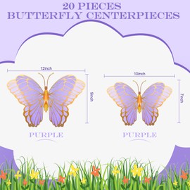 Wettarn 20 Pcs Butterfly Centerpieces for Tables Butterfly Party Decorations 3D Golden Table Toppers Centerpiece for Girl Party Birthday Baby Shower(12 x 9 In,10 x 7 In,Purple)