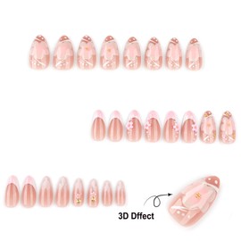 MouyouGlow Press on Nails Short, Almond Nude White French 3D Flowers Floral Starfish Pearl Summer Fake Nails with Nail Glue, White Gradient Flowers Y2K INS Artificial Fingernails