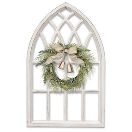 Rustic Arched Window Frame 20" x 32", Hanging Distressed White Window Pane Wall Decor, Farmhouse Cathedral Window Frame Wall Decor, Wooden Window Frames for Wall Decor Living Room Fireplace Christmas