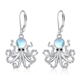 AXELUNA Octopus Earrings 925 Sterling Silver Octopus Drop Earrings Moonstone Octopus Jewellery for Women, Sterling Silver, No Gemstone