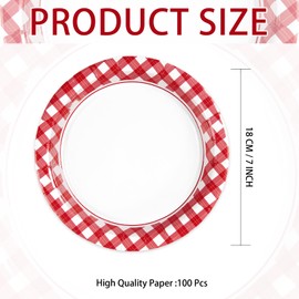Grencian 100Pcs Red Gingham Paper Plates 7" Red and White Buffalo Checked Plaid Dessert Plates Disposable Gingham Party Supplies for Picnic Barbecue Baby Shower Birthday Party Decorations