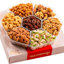 NUT CRAVINGS - Holiday Christmas Mixed Nuts Gift Basket in Red Gold Box (7 Assortments, 1 LB) Xmas Treats for Adults, Food Arrangement, Healthy Snack Care Package, Kosher