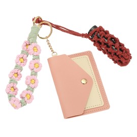 PATIKIL Keychain Wristlet Wallet, Leather RFID Blocking Credit Card Holder Slim Minimalist Wallet with Lip stick Holder Handmade Wristband Bracelet for Men Women, Pink