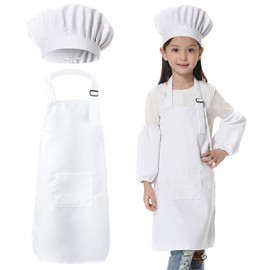 Kids Chef Outfit Apron Set Chef Hat Sleeves Aprons for Kids - Boys Girls Adjustable Kid Chef Costume Kitchen Cooking and Baking Wear (4-15 Years Old, White)