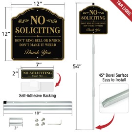 T&R Large No Soliciting Sign for House with 54" Stake - 2 Pack - 12"x12" .040 Rust Free Aluminum, Reflective, Waterproof, Weatherproof and Fade Resistant, 2 pre-drilled holes,Includes Matching Screws & Wrench, Easy to Mount(Gold A)