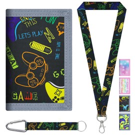 AUNGCSHE Children's Purse, Youth Wallet with Lanyard, Zippered Coin Pocket Card Holder, Children Age 4-12 Trifold Wallet, Small, for Children's Birthday Gifts, Black Game Console, Classic