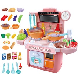 KIOVINO Juguete De Cocina para Niños de 26 Piezas, Niñas Cocina para niños y niñas con Luz, Sonido y Grifo para Salir Agua, Juguete Infantil Divertido, Juego de Roles (Rosa)