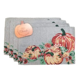 Seasonal Holiday Kitchen Linen Set Placemats Napkins Pot Holder Oven Mit (Pumpkin Placemats Set of 4 w Pumpkin Table Decor)