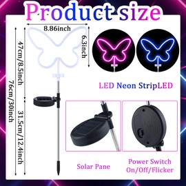Rossesay 2 Pcs Butterfly Solar Lights Outdoor Decor Butterfly Neon Lights Yard Solar Lights for Outside Waterproof Decorations with Stake for Garden Patio Yard Pathway Decoration Gardening Gifts